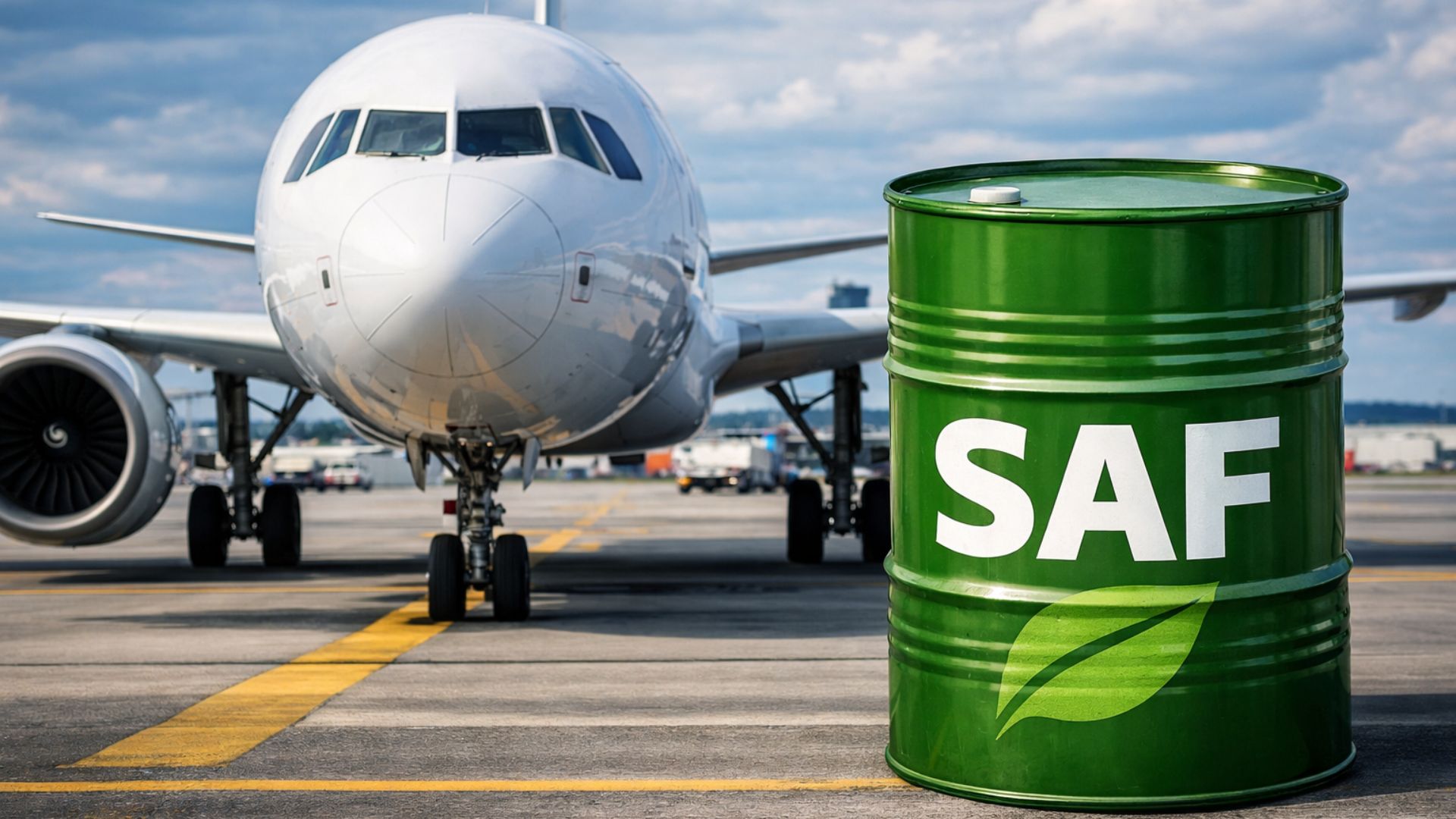 Avião comercial em pista de aeroporto com barril verde identificado como SAF em primeiro plano, representando o uso de combustível sustentável na aviação e a transição energética do setor aéreo no Brasil.