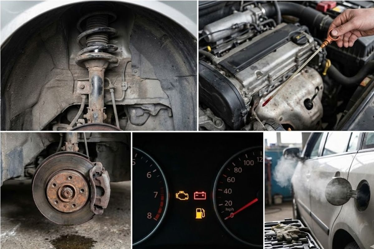 Seu carro pode estar dando 5 sinais que pedem oficina: ruídos na suspensão, nível do óleo, oscilação na frenagem e cheiro de combustível.