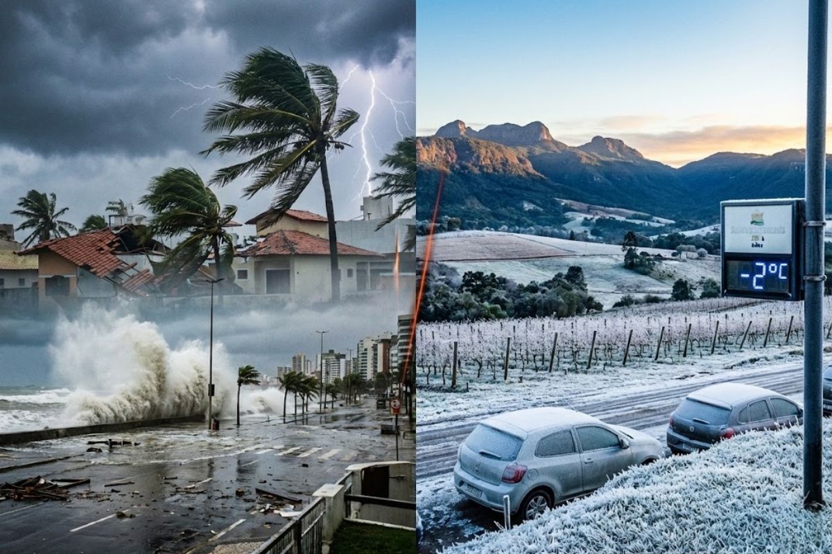 Temporais, frente fria e vento forte atingem 13 estados e DF, enquanto frio de inverno e geada marcam o Sul com alerta de clima extremo no Brasil.