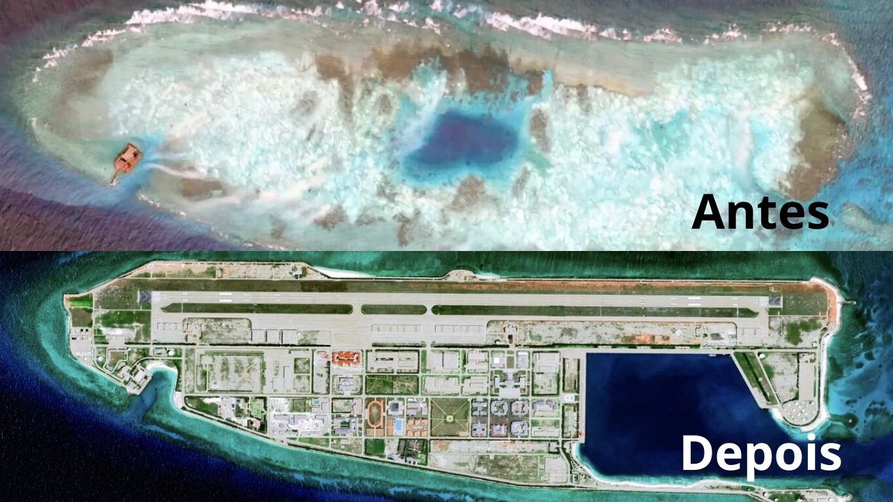 Infraestrutura, pistas e portos em recifes aterrados: a criação de ilhas artificiais reforça a presença e aumenta a tensão