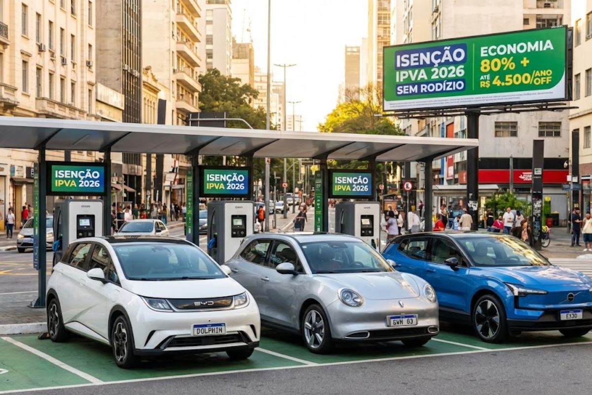 Três carros elétricos com IPVA quase zero, isenção de impostos, economia de combustível e rodízio livre em 2026 garantem vantagens reais ao motorista brasileiro.