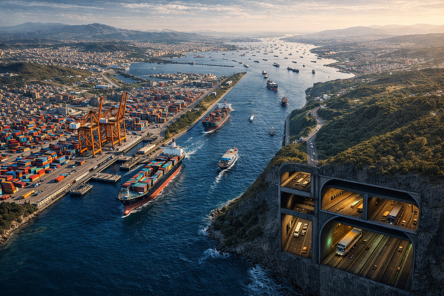 Turquia corta a Eurásia com túneis, portos ampliados e um canal artificial bilionário, cria um novo eixo logístico entre Europa e Ásia e tenta aliviar o Bósforo para capturar parte do comércio global