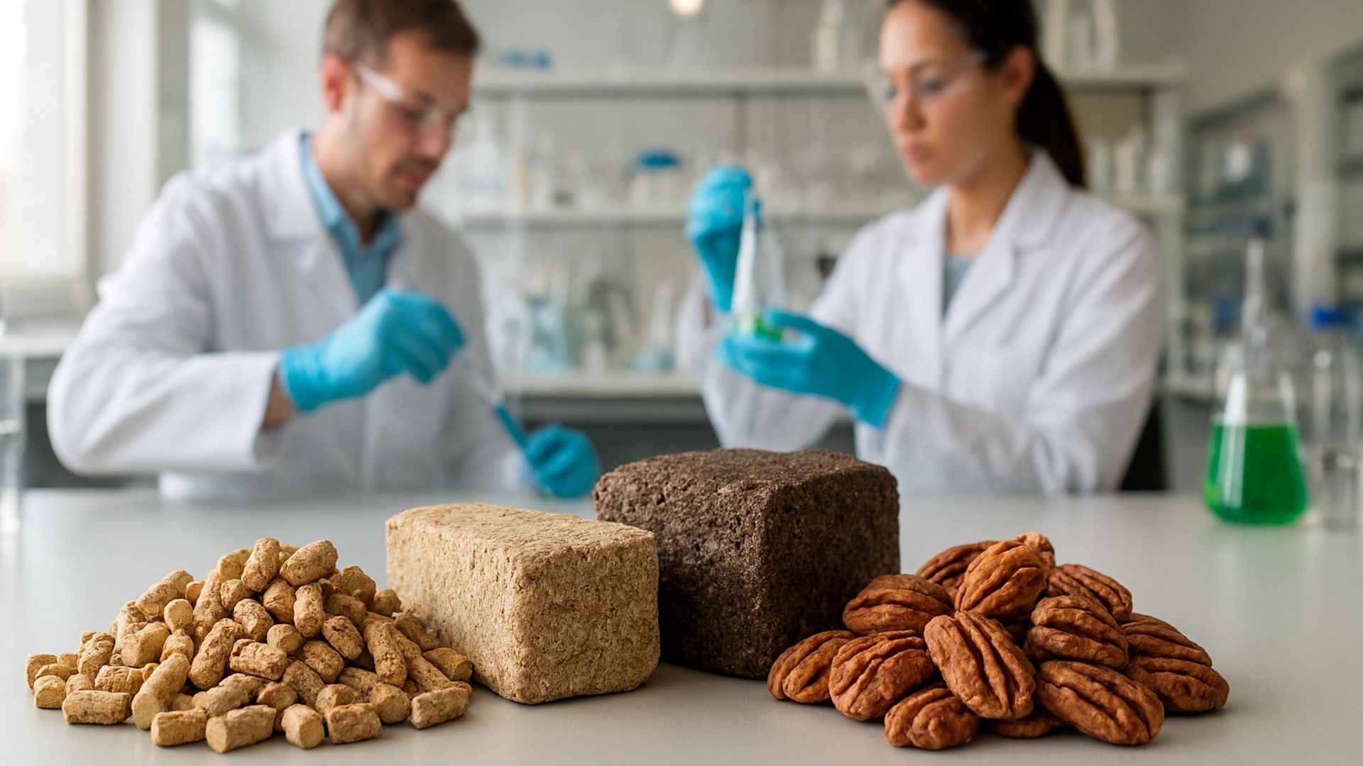 Mesa de laboratório com amostras de biocombustíveis sólidos e nozes-pecã em destaque, com cientistas ao fundo realizando experimentos.