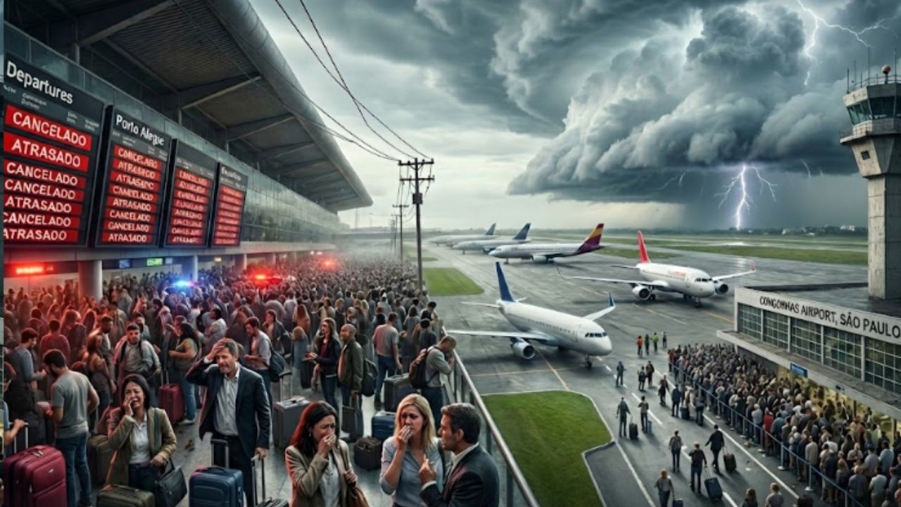 Vendaval histórico derruba luz no Salgado Filho, paralisa Congonhas e deixa passageiros presos em filas gigantes após cancelamentos, atrasos em massa e voos remarcados sem previsão