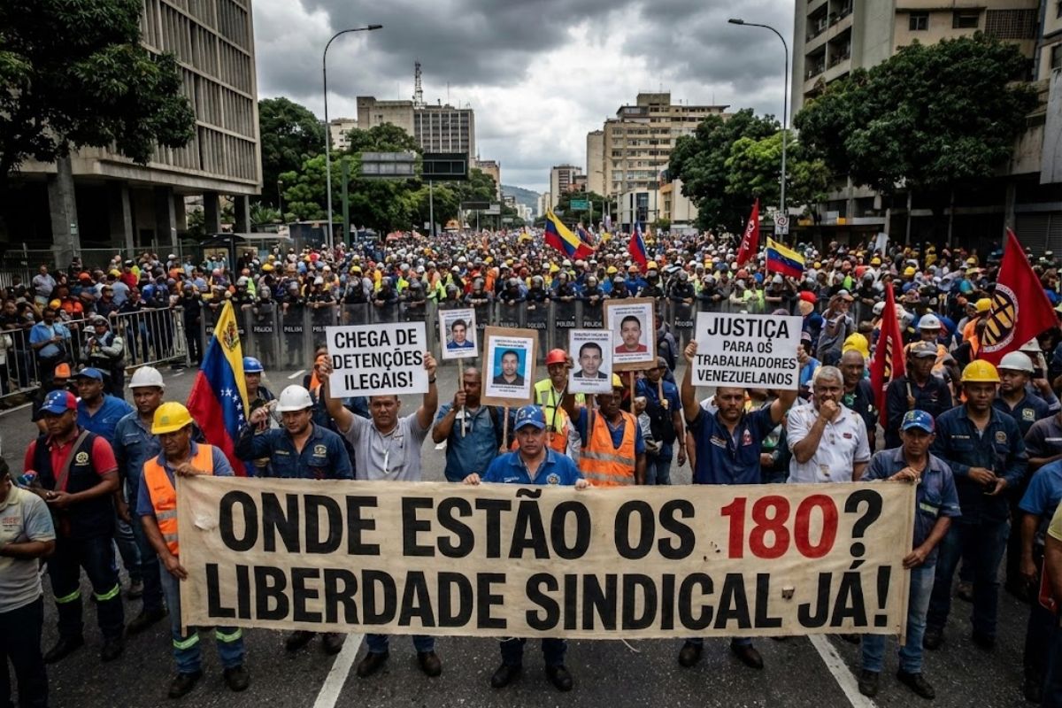 Sindicatos da Venezuela denunciam detenção ilegal de trabalhadores e presos políticos, pedem liberdade sindical e protestam por direitos e fim da perseguição.