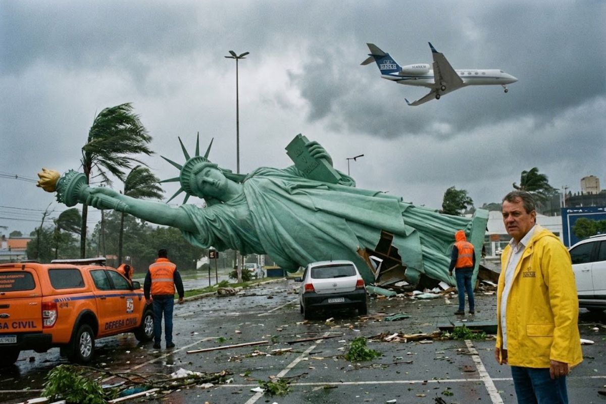Em Guaíba, ventos fortes derrubam a estátua da Havan, mobilizam a Defesa Civil e lembram o pouso tenso de Luciano Hang em meio ao temporal.