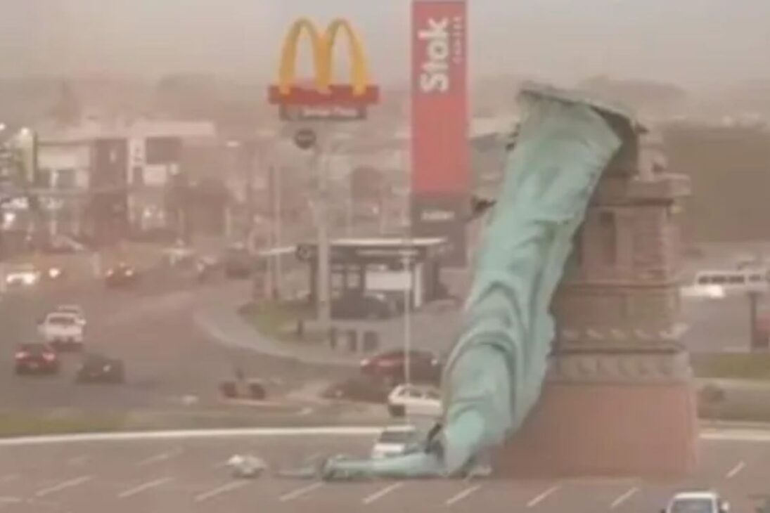 En Guaíba, vientos fuertes derriban la estatua de Havan, movilizan la Defensa Civil y recuerdan el aterrizaje tenso de Luciano Hang en medio del temporal.