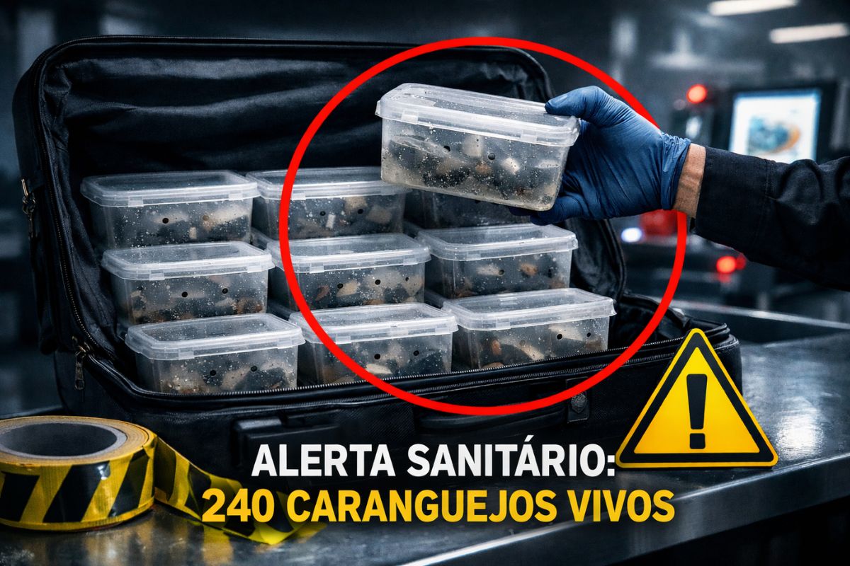 Vigilância Agropecuária e Vigiagro apreendem caranguejos e caranguejo de mitene no Aeroporto Internacional de Guarulhos em operação com risco sanitário.