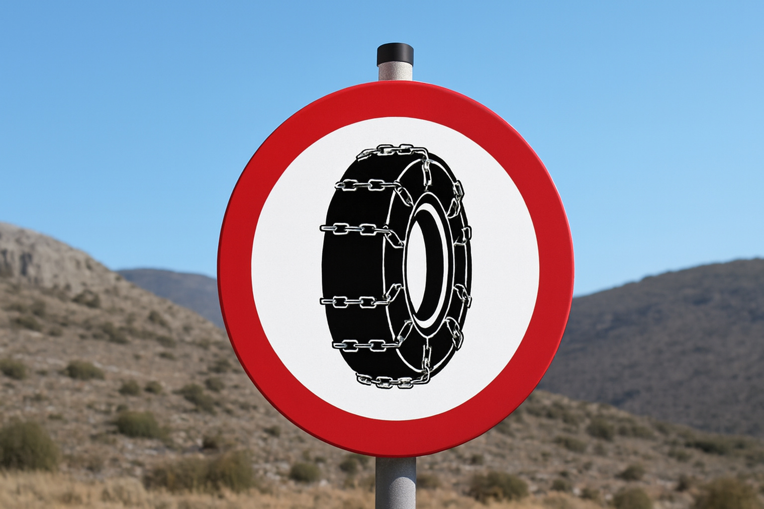 Você sabe o significado real desta placa? Usada apenas em situações extremas, a sinalização com pneu e correntes obriga o motorista a adotar um procedimento específico para seguir com segurança