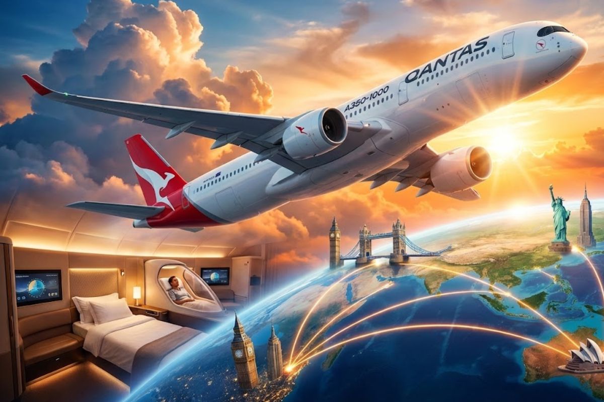 Saiba como o voo mais longo do mundo da Qantas com Airbus A350-1000ULR oferece voo direto Austrália Londres e voo de 22 horas com mais conforto.
