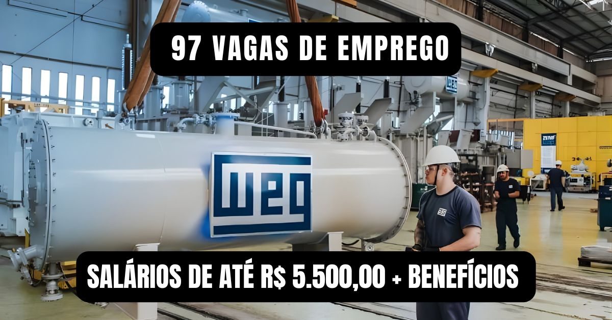 WEG convoca pessoas com e sem experiência para preencher mais de 90 vagas em cargos como auxiliar técnico, assistente administrativo, operador de produção e outras funções em mais de quatro estados brasileiros