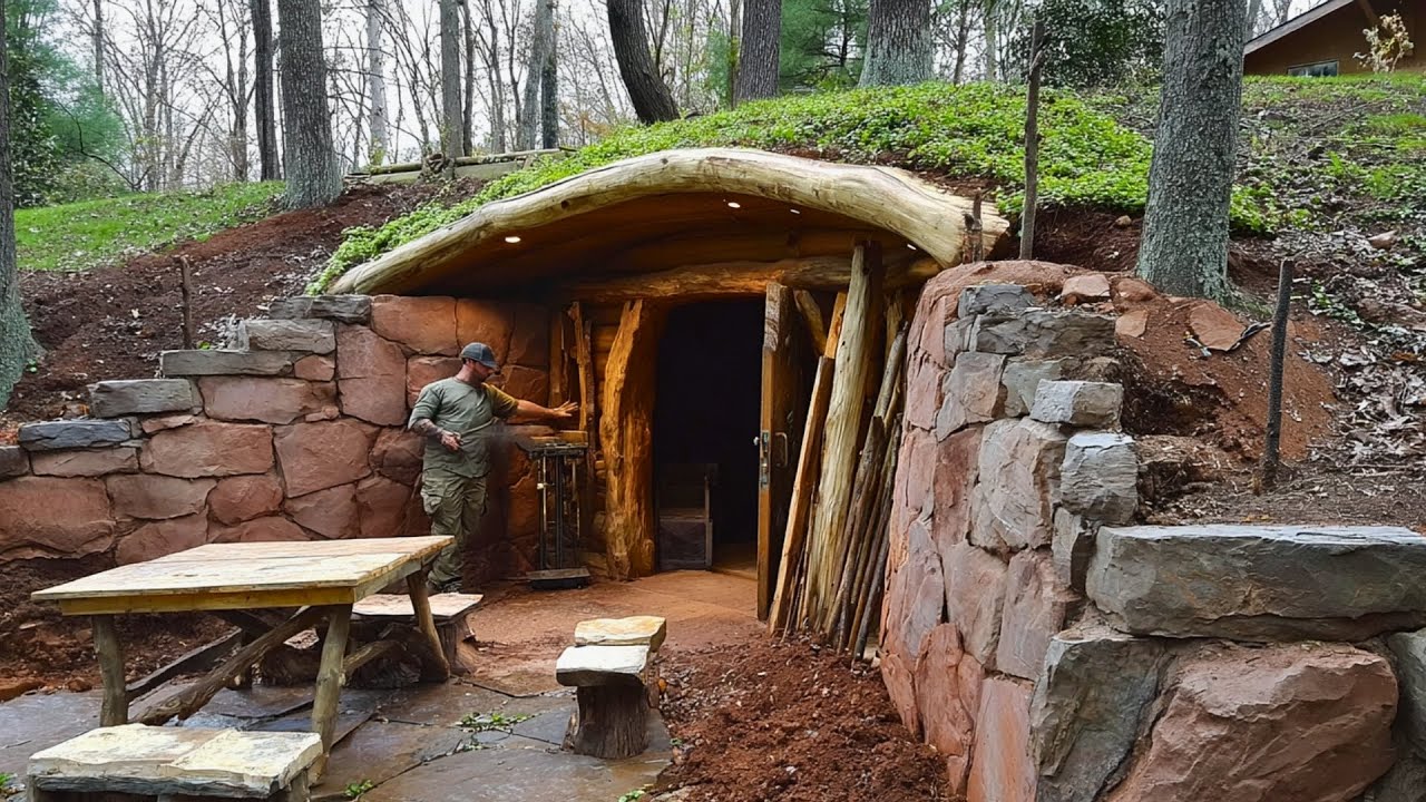 Homem escava sozinho uma cabana subterrânea no meio da floresta, constrói paredes de barro, fogão de pedra e telhado coberto de terra usando apenas técnicas ancestrais