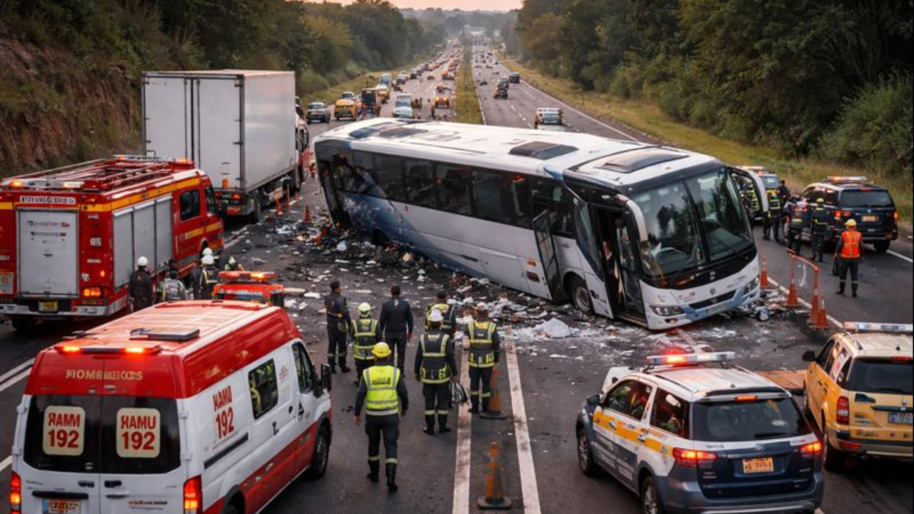 Interdição total da Rodovia Raposo Tavares ocorreu após colisão entre ônibus e caminhão e tombamento em Álvares Machado.