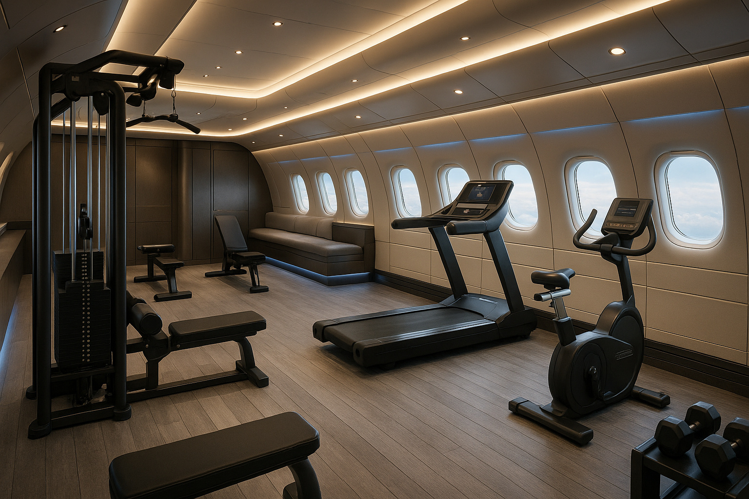 Academia moderna dentro de um Airbus A330 VIP durante voo a 12 km de altitude.