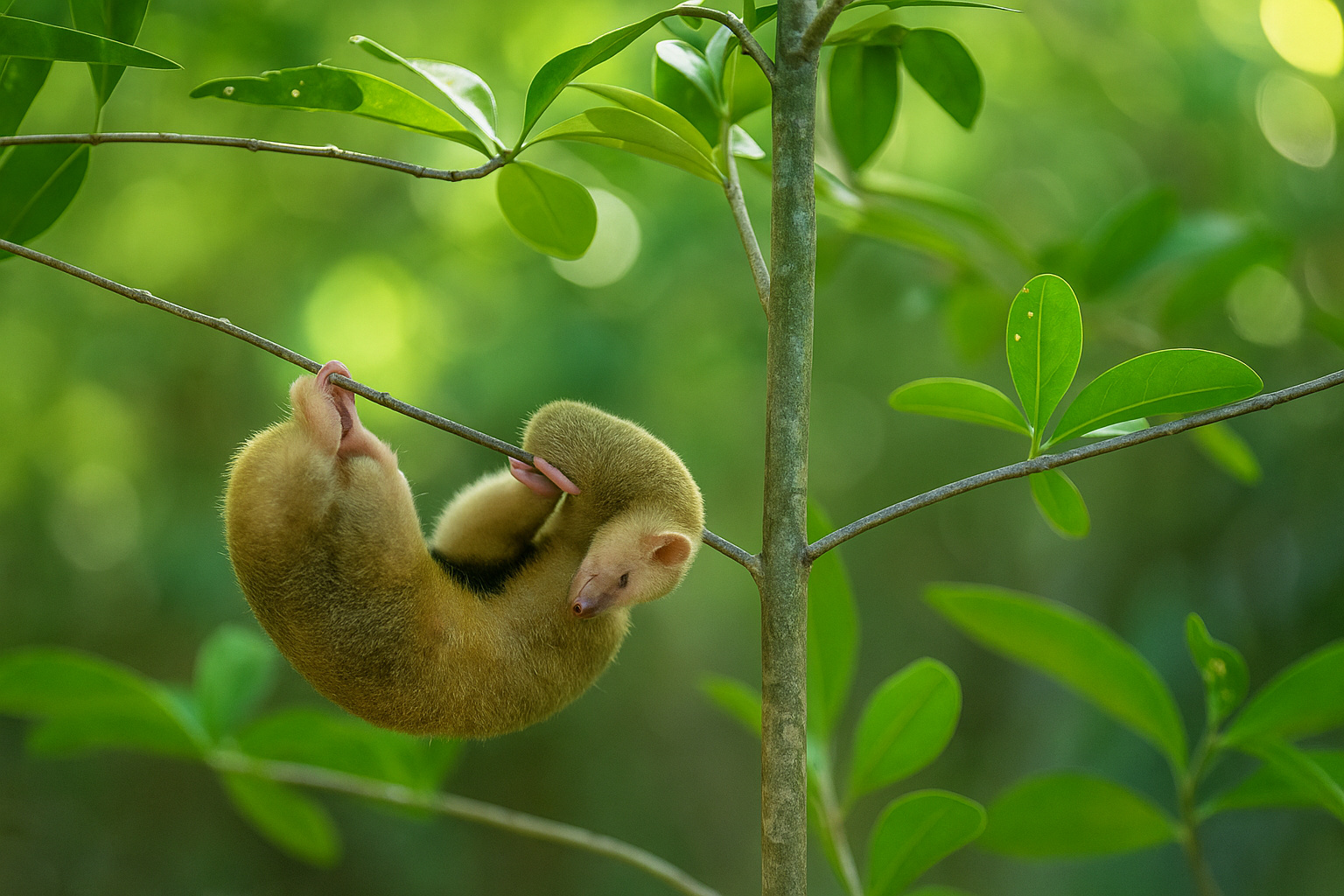 Silky anteater pendurado em galho na Amazônia, demonstrando comportamento discreto e características únicas da fauna rara da floresta.