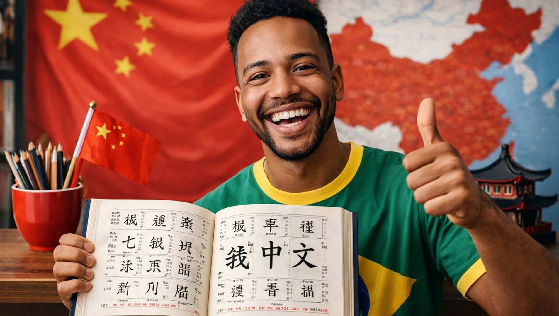 Homem sorridente com camiseta do Brasil, segurando um livro de chinês, com bandeira da China ao fundo.
