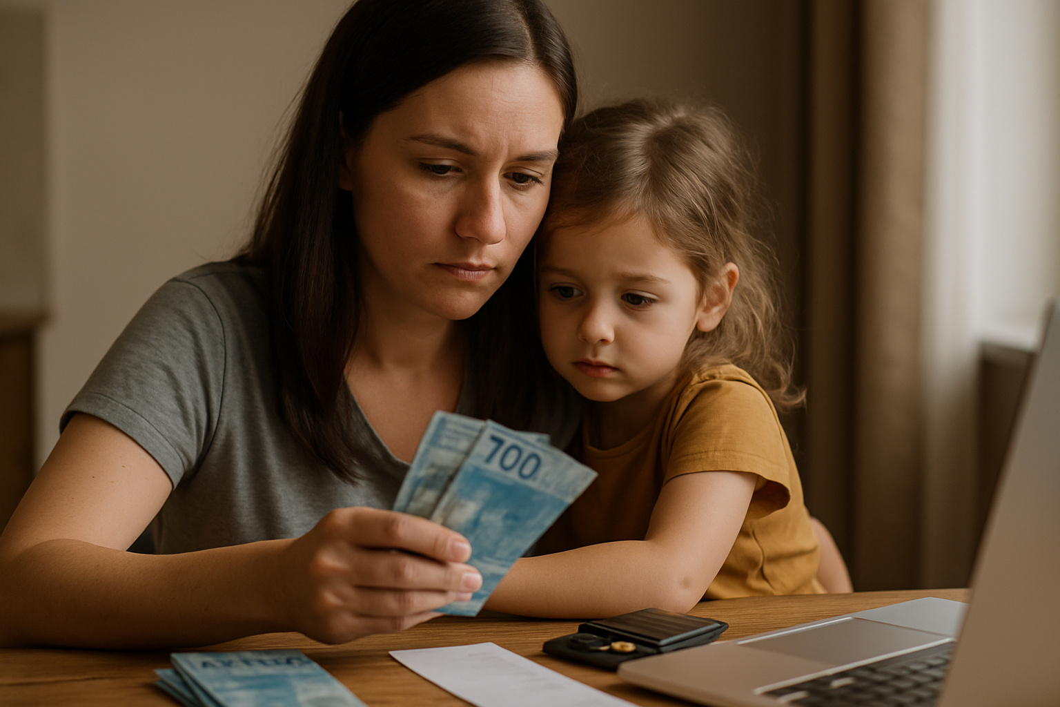 Mãe solteira com filha analisando dinheiro em casa, representando famílias monoparentais e debate sobre auxílio permanente no Brasil.