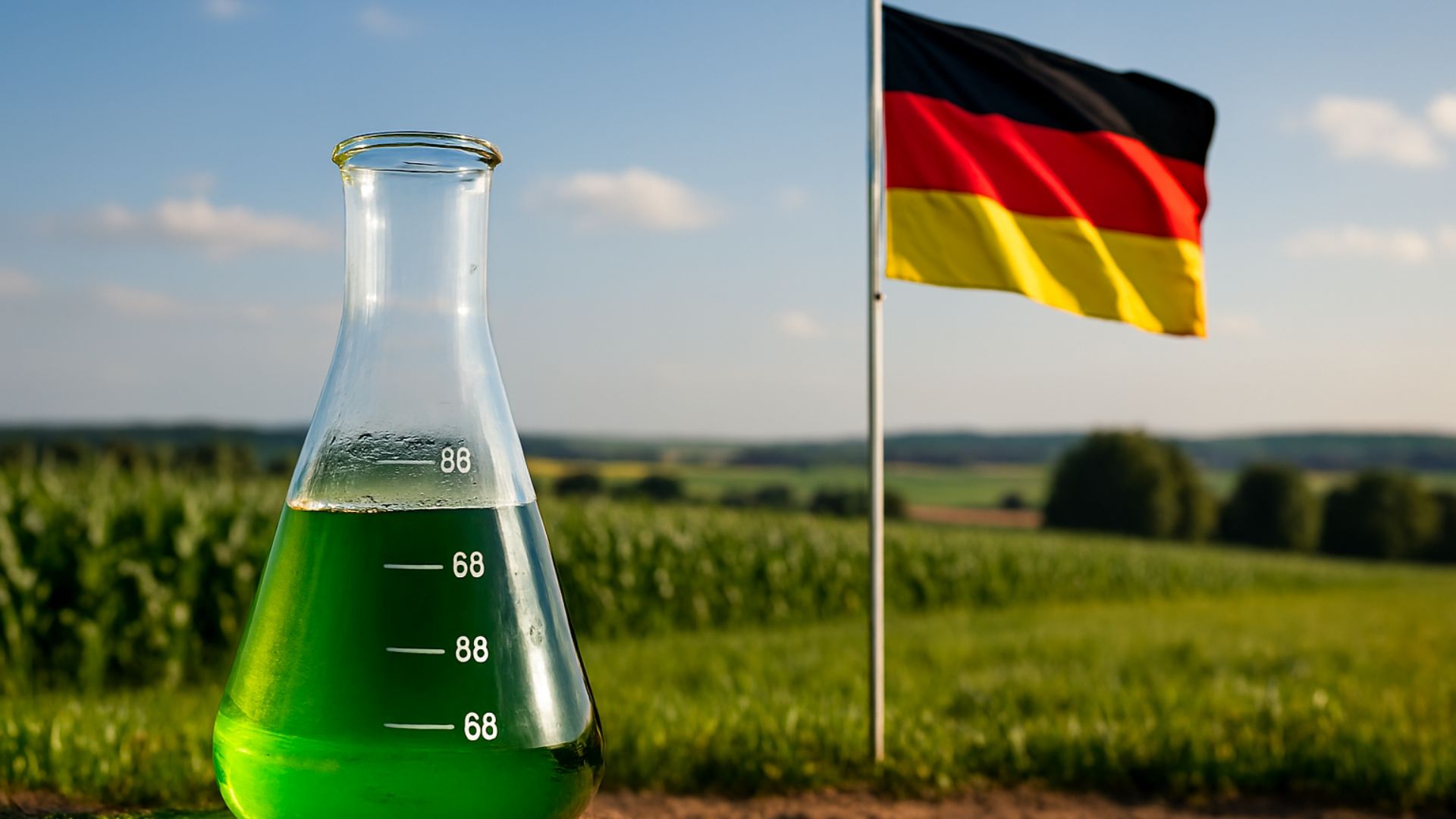 Frasco Erlenmeyer com biocombustível verde em ambiente rural, ao lado da bandeira da Alemanha em mastro, sob céu azul.