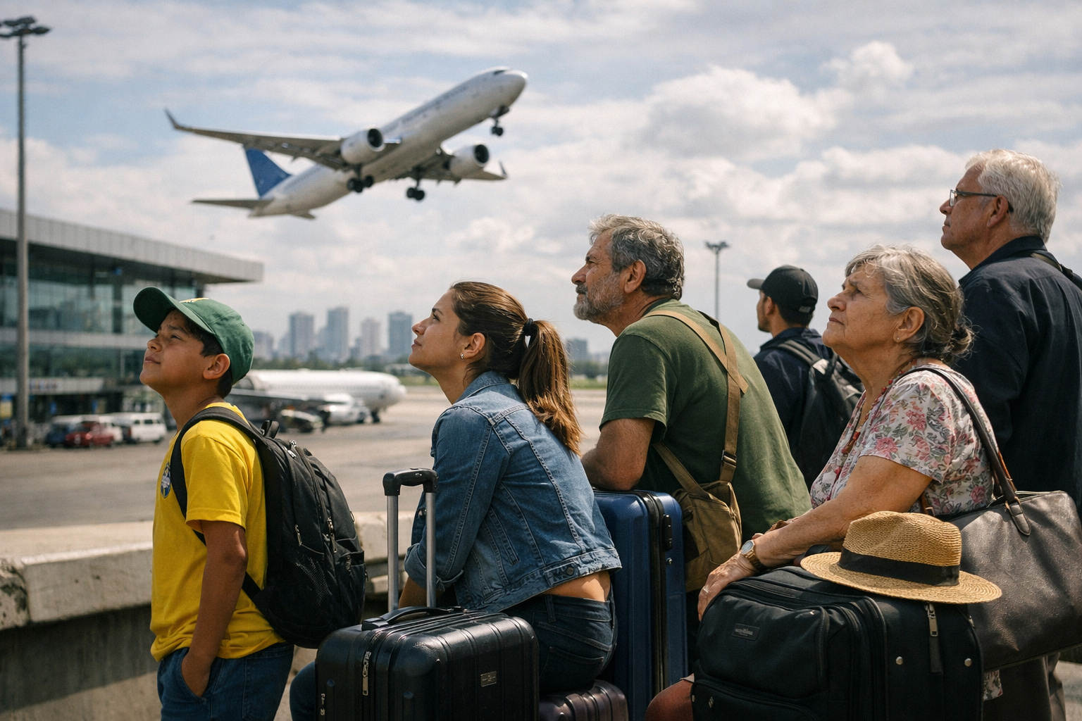Brasileiros em aeroporto simbolizando o interesse em emigrar revelado por pesquisa do Observatório Febraban.