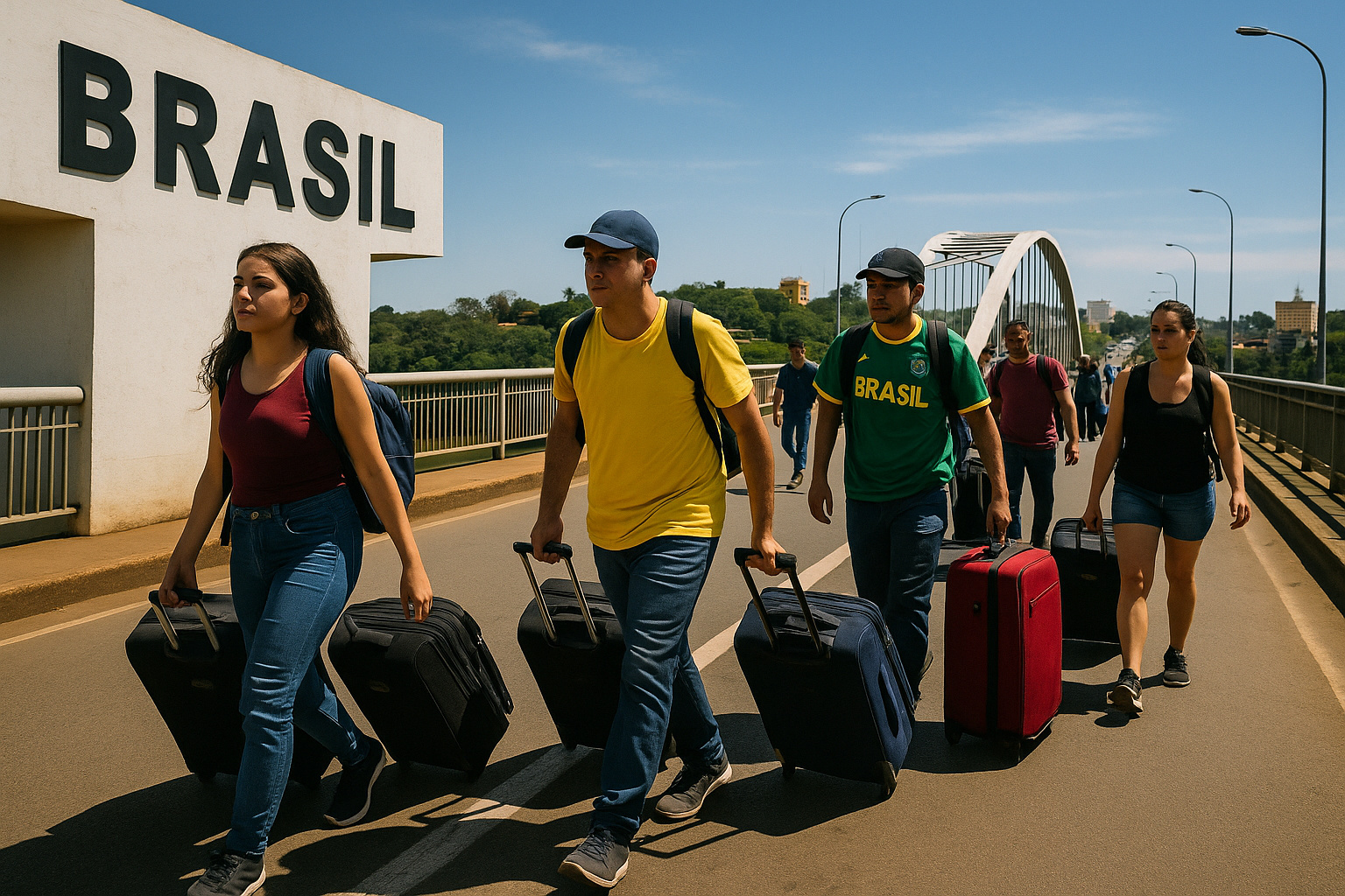 Brasileiros atravessando a fronteira rumo ao Paraguai em busca de vida mais barata e impostos menores.