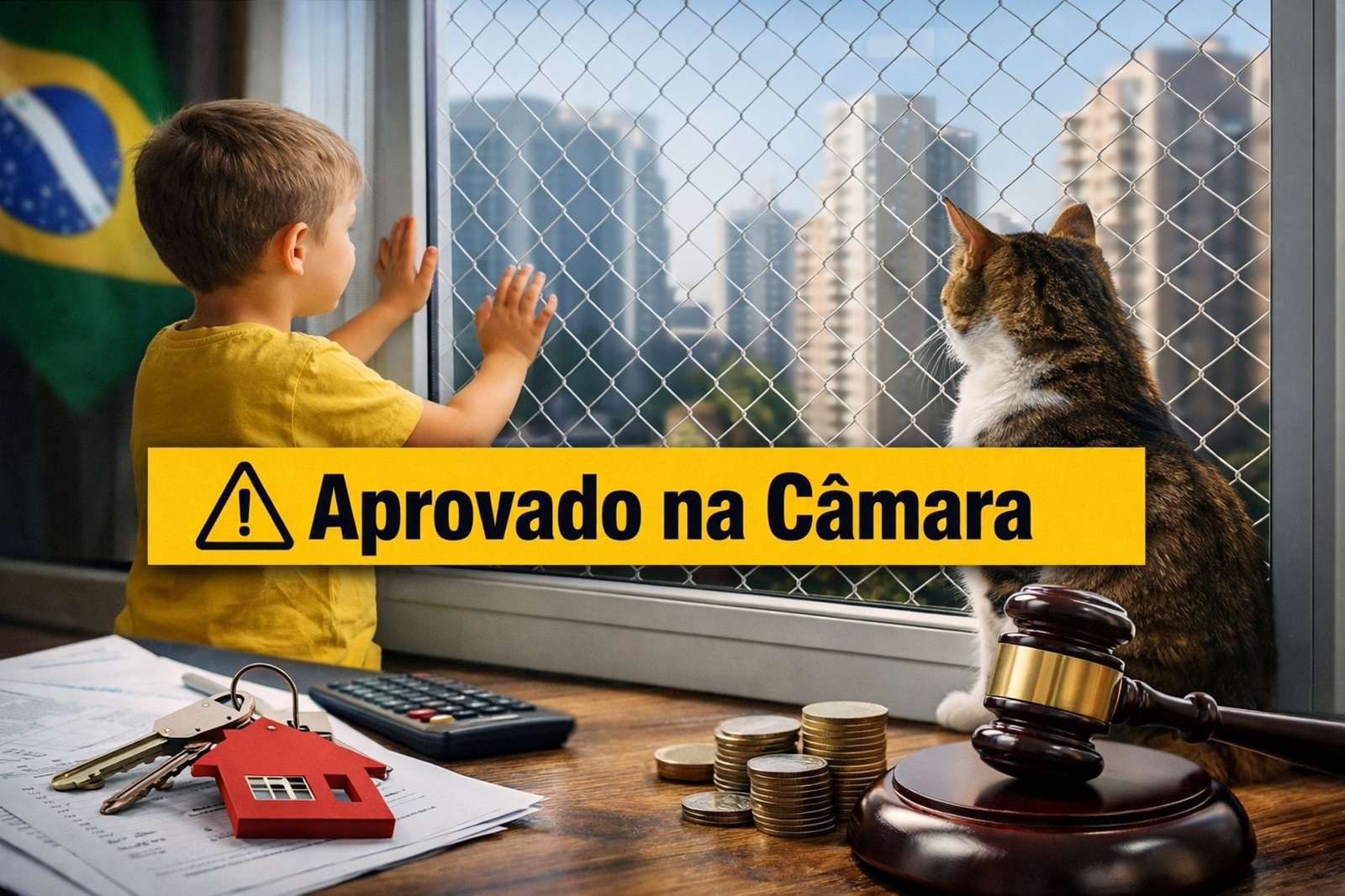 Câmara aprova projeto que obriga telas e grades em apartamentos com crianças ou pets, fixa prazo de 90 dias e multa de até R$ 1 mil.