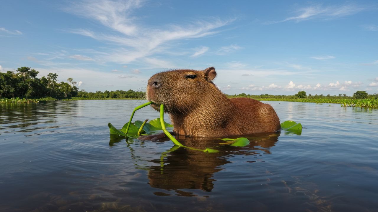 La capibara (Hydrochoerus hydrochaeris), el mayor roedor del mundo, vive cerca del agua, forma grupos y se ha adaptado a las ciudades de América del Sur.
