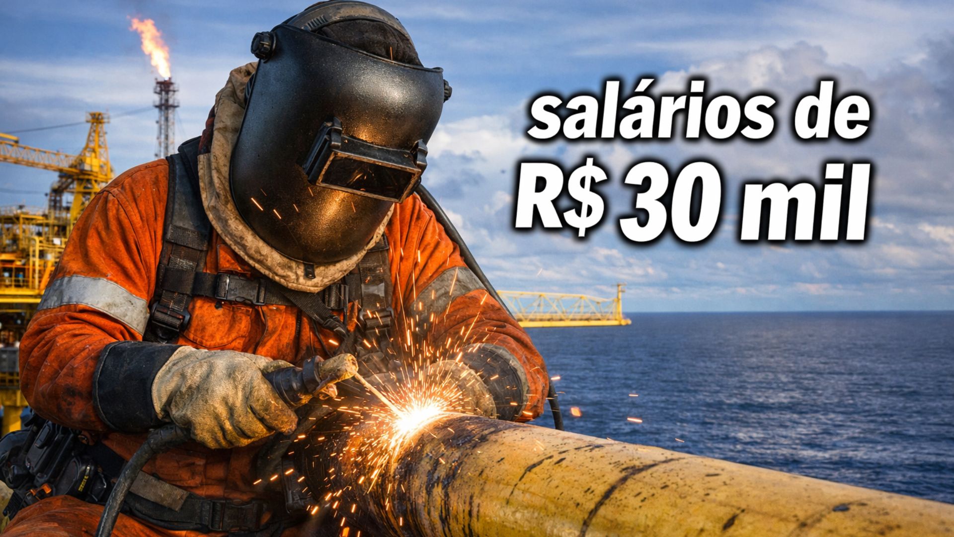 Soldador offshore realiza soldagem em plataforma de petróleo e gás em alto-mar, com destaque para salários que podem ultrapassar R$ 30 mil mensais no setor offshore brasileiro