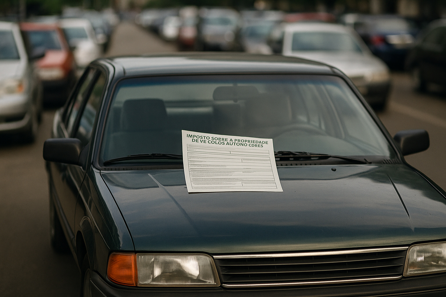 Carro antigo estacionado com documento de IPVA sobre o capô, representando fiscalização e cobrança do imposto em 2025.