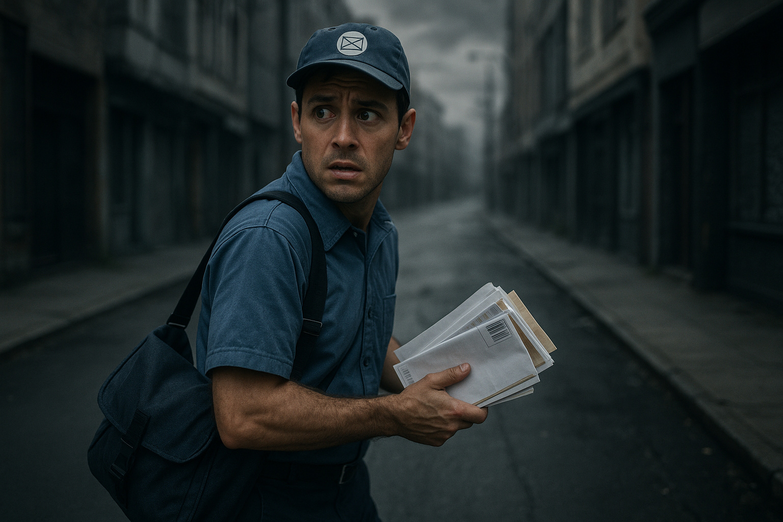 Carteiro caminhando em rua vazia durante entregas sob risco de assaltos.