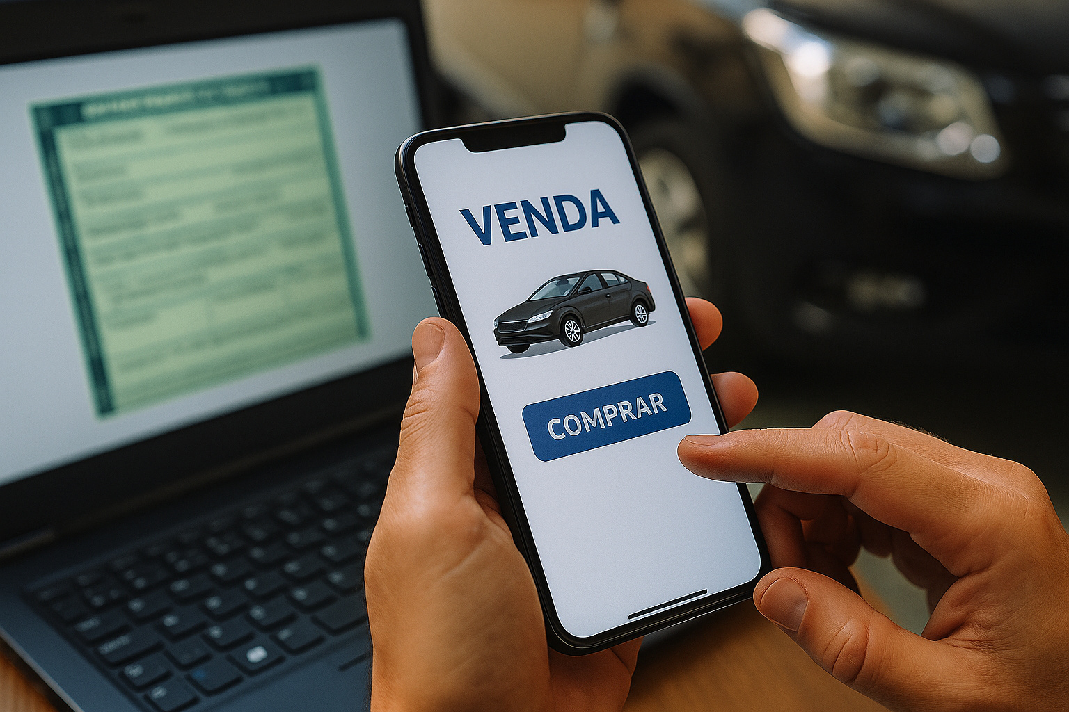 Motorista realiza transferência digital de veículo pelo aplicativo no celular, com documento aberto no notebook ao fundo.