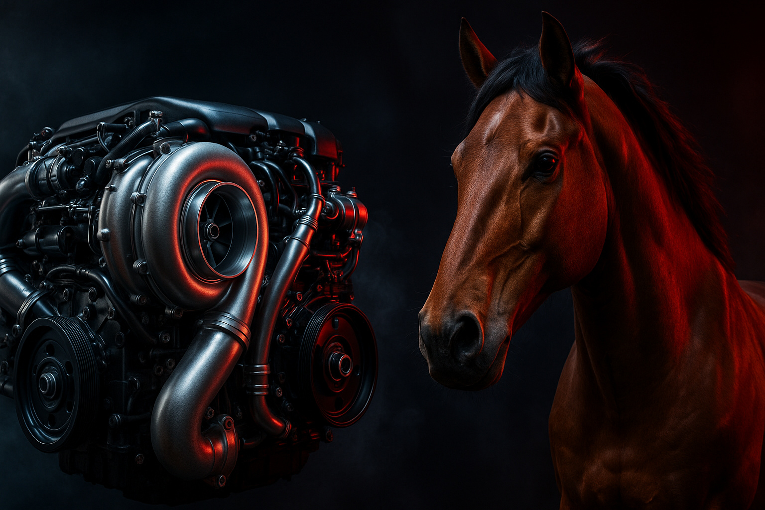 Ilustração comparando um cavalo histórico e um carro atual para representar o conceito de cavalo de potência.