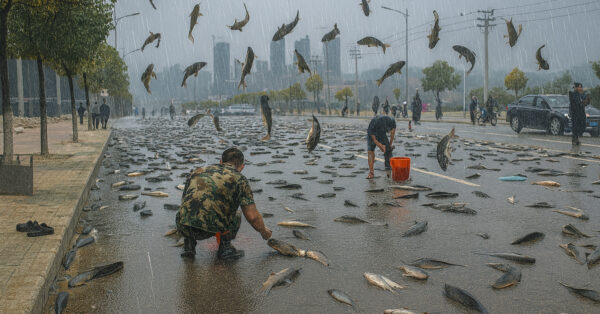 Peixes espalhados e caindo sobre avenida urbana durante forte tempestade, fenômeno conhecido como chuva de peixe registrado em áreas com tornados d’água.