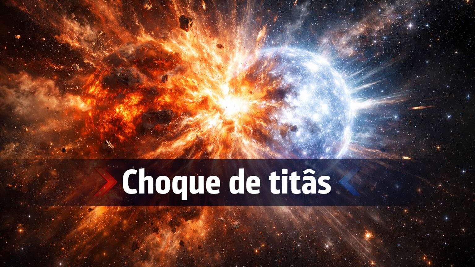 Explosão cósmica entre gigantes estelares, com uma grande colisão de estrelas gerando uma visão impressionante e rara no espaço.