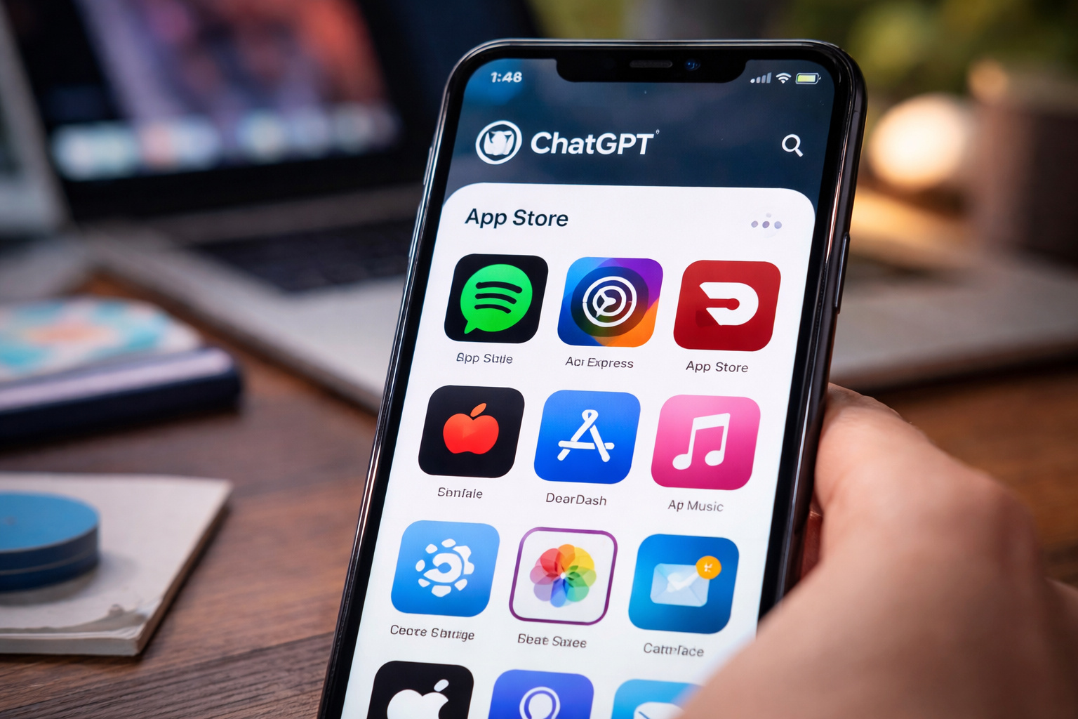 Smartphone exibindo o App Directory do ChatGPT com aplicativos integrados como Spotify, Adobe e serviços digitais acessados diretamente pela conversa.