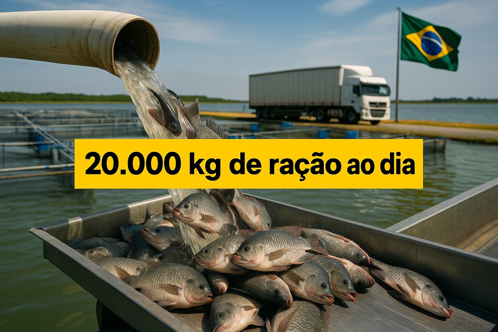 Mega produção de tilápias no Brasil opera 800 tanques-rede, usa 20.000 kg de ração por dia e retira 14.500 kg de peixes