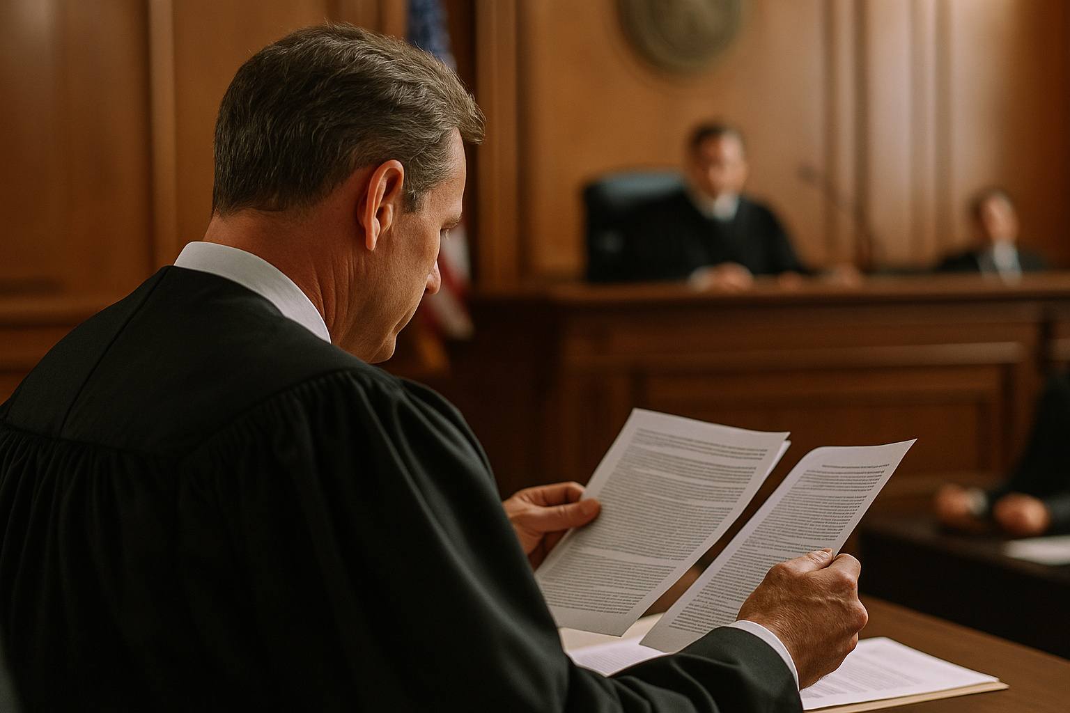 Juiz analisando documentos em um tribunal, simbolizando decisões fundamentadas sobre medidas atípicas de execução.