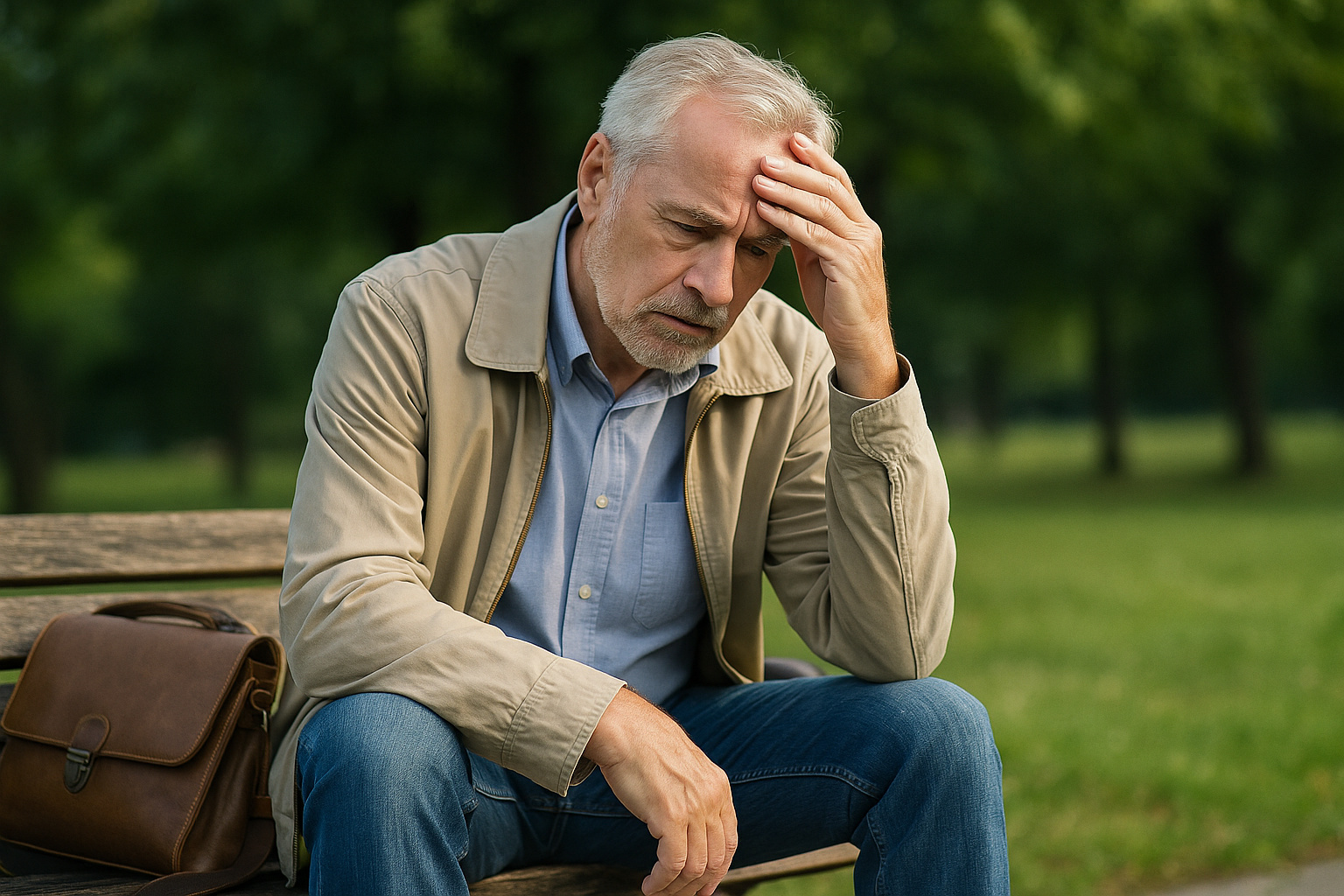 Homem idoso sentado em banco de parque, preocupado com mudanças na aposentadoria e refletindo sobre planejamento financeiro.