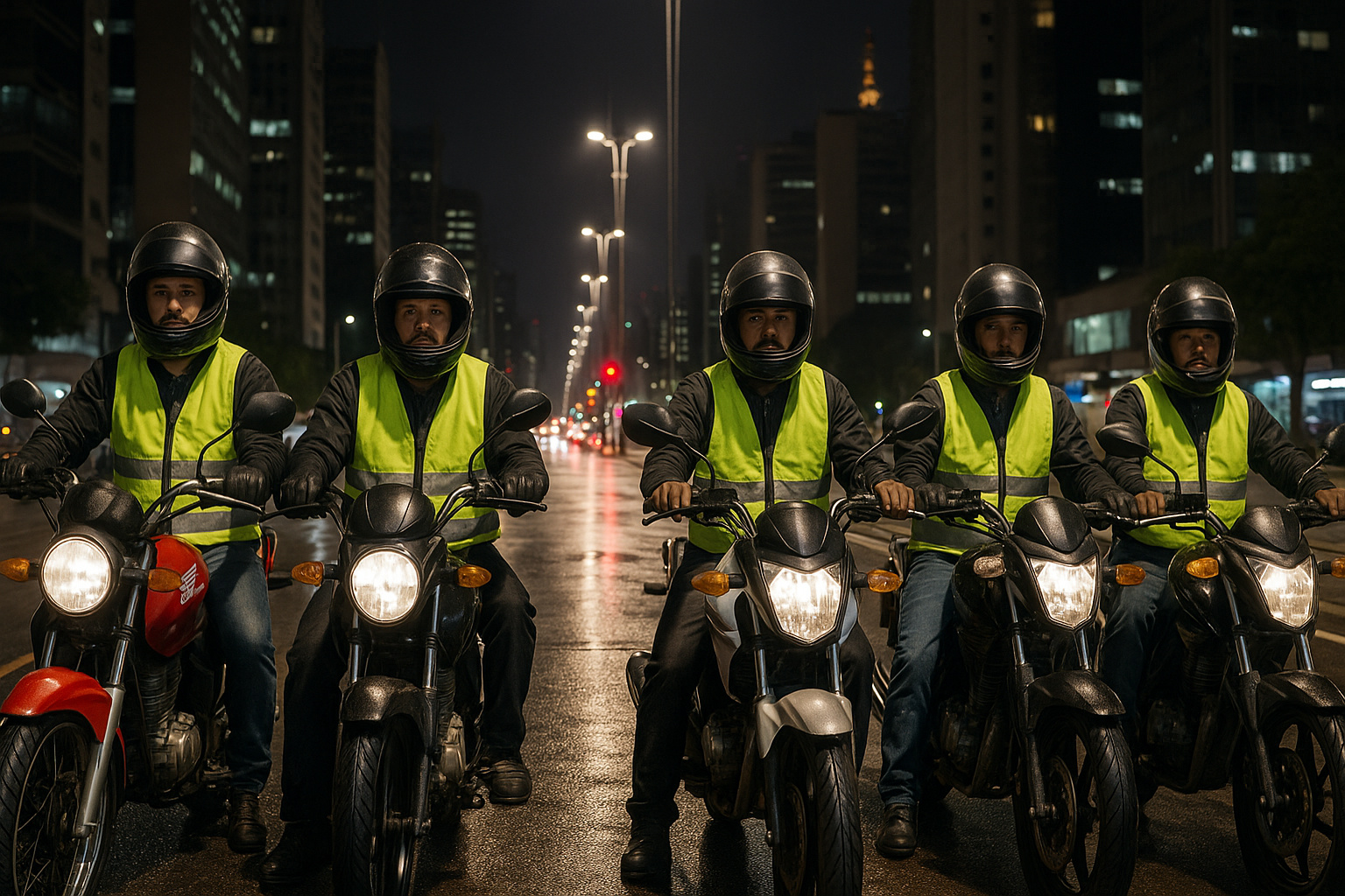 Motociclistas uniformizados em avenida de São Paulo após regulamentação do mototáxi por aplicativo.