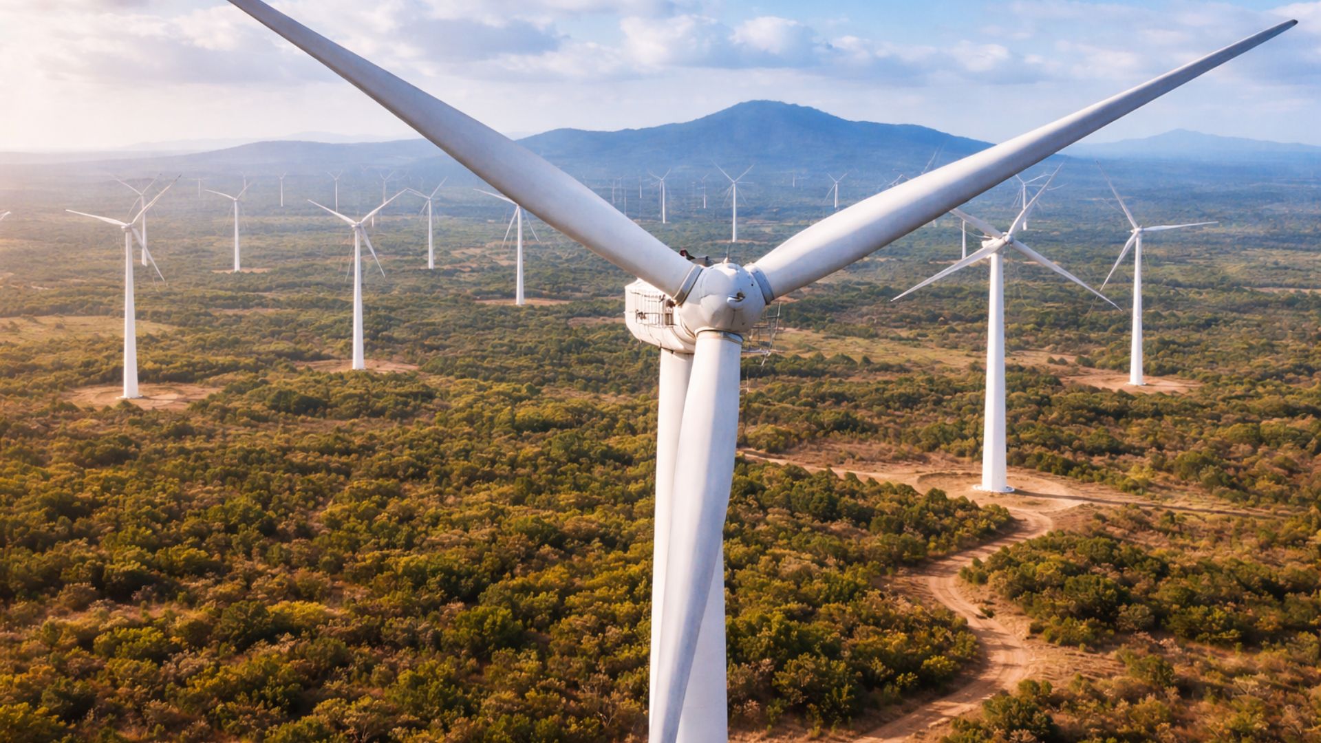 Aerogerador em primeiro plano em parque eólico no Nordeste brasileiro, com turbinas ao fundo em paisagem natural, representando geração de energia eólica em larga escala.