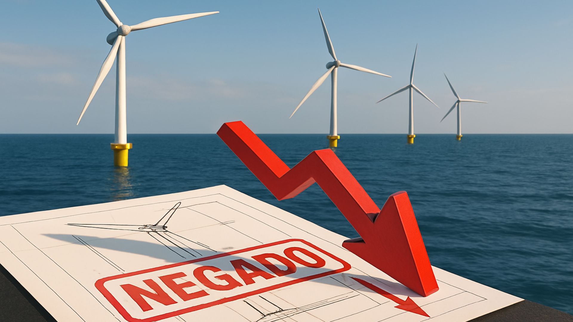 Imagem realista de turbinas eólicas offshore no mar com papéis de projeto técnico em primeiro plano marcados com “Negado” em vermelho e uma seta gráfica 3D vermelha apontando para baixo.