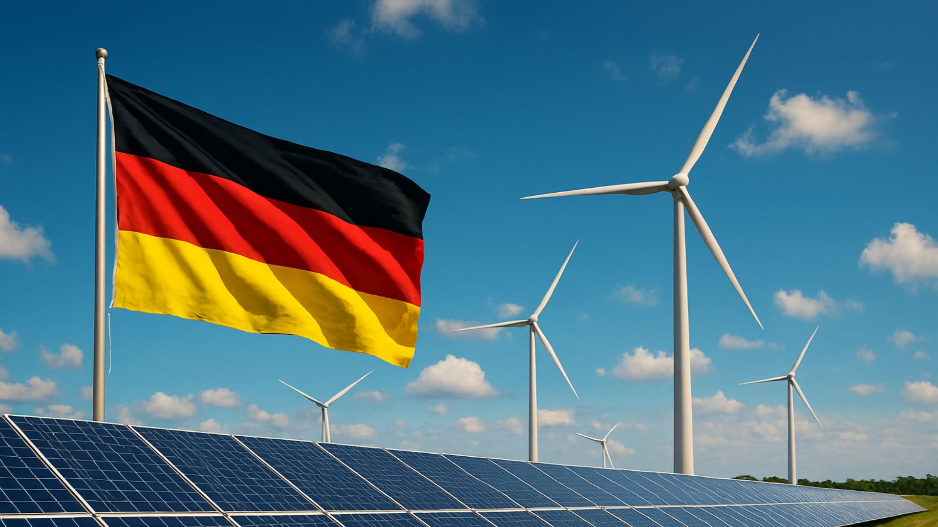 Paisagem realista com usinas solares e eólicas sob céu azul, com a bandeira da Alemanha em destaque em um mastro à frente.