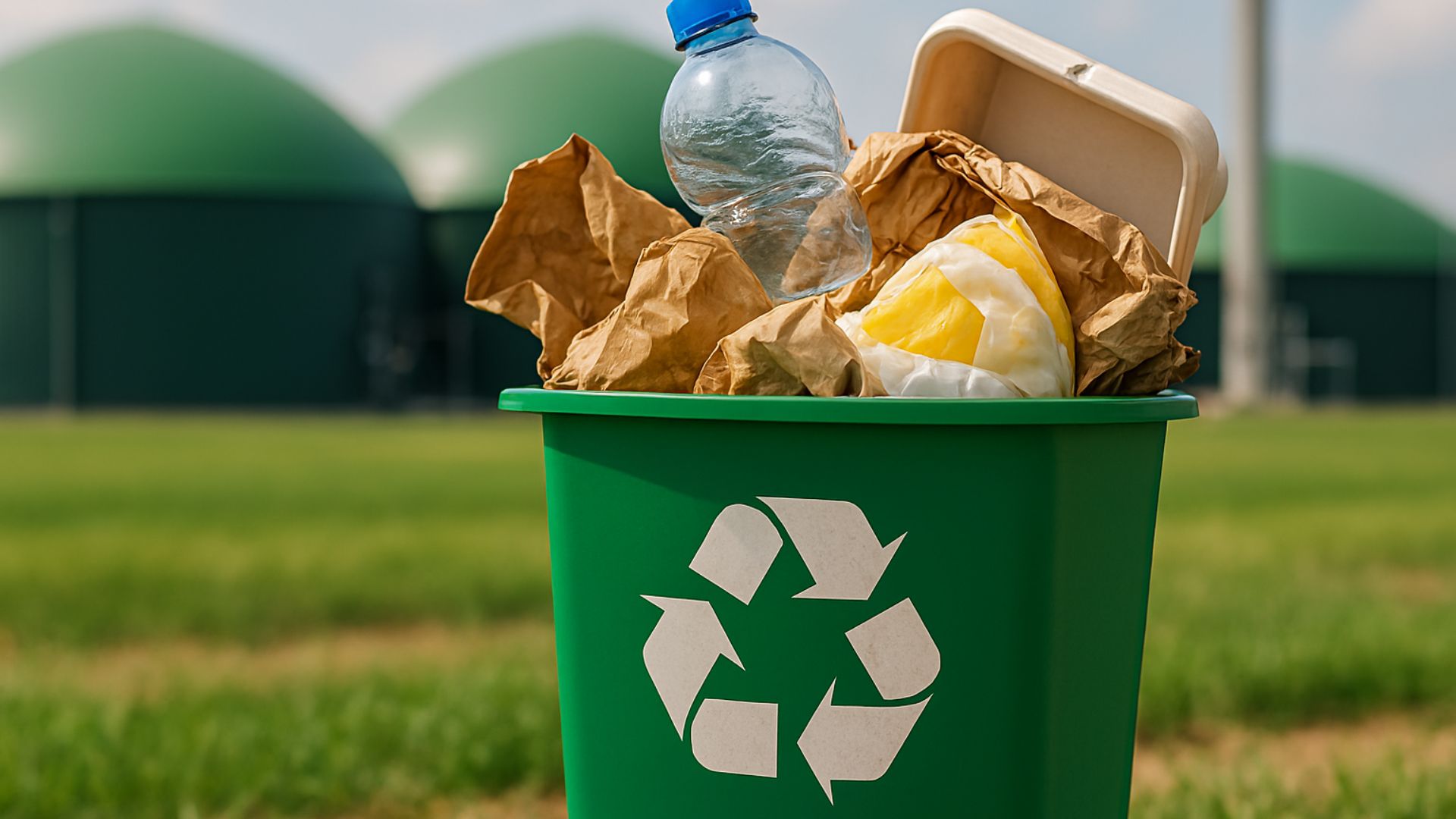 Lixeira plástica verde com símbolo de reciclagem cheia de resíduos urbanos, em frente a plantas de biogás e biometano em campo gramado sob céu parcialmente nublado