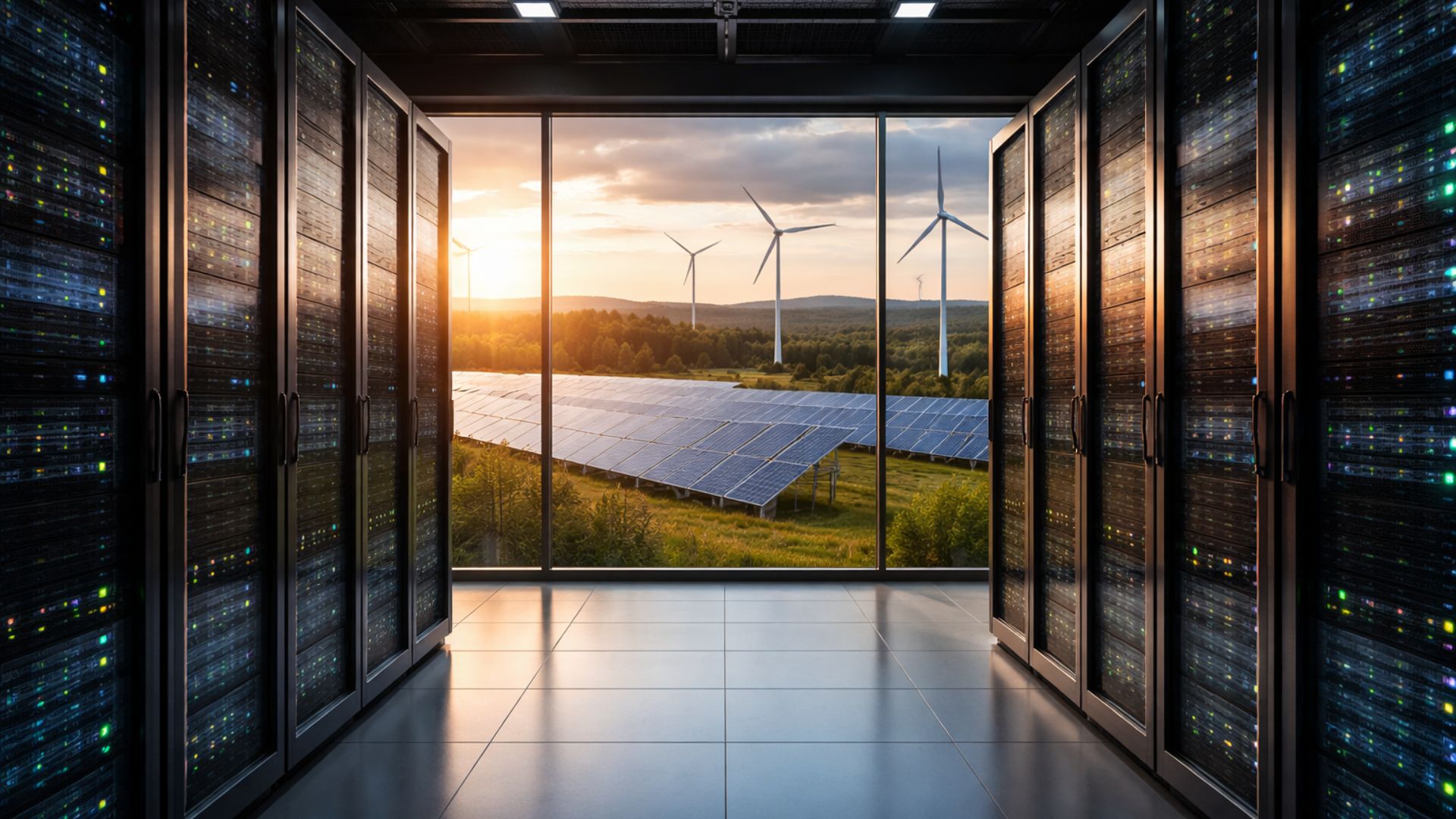 Interior de um data center com servidores alinhados e vista externa de painéis solares e turbinas eólicas, representando o uso de energia renovável para abastecer data centers de IA