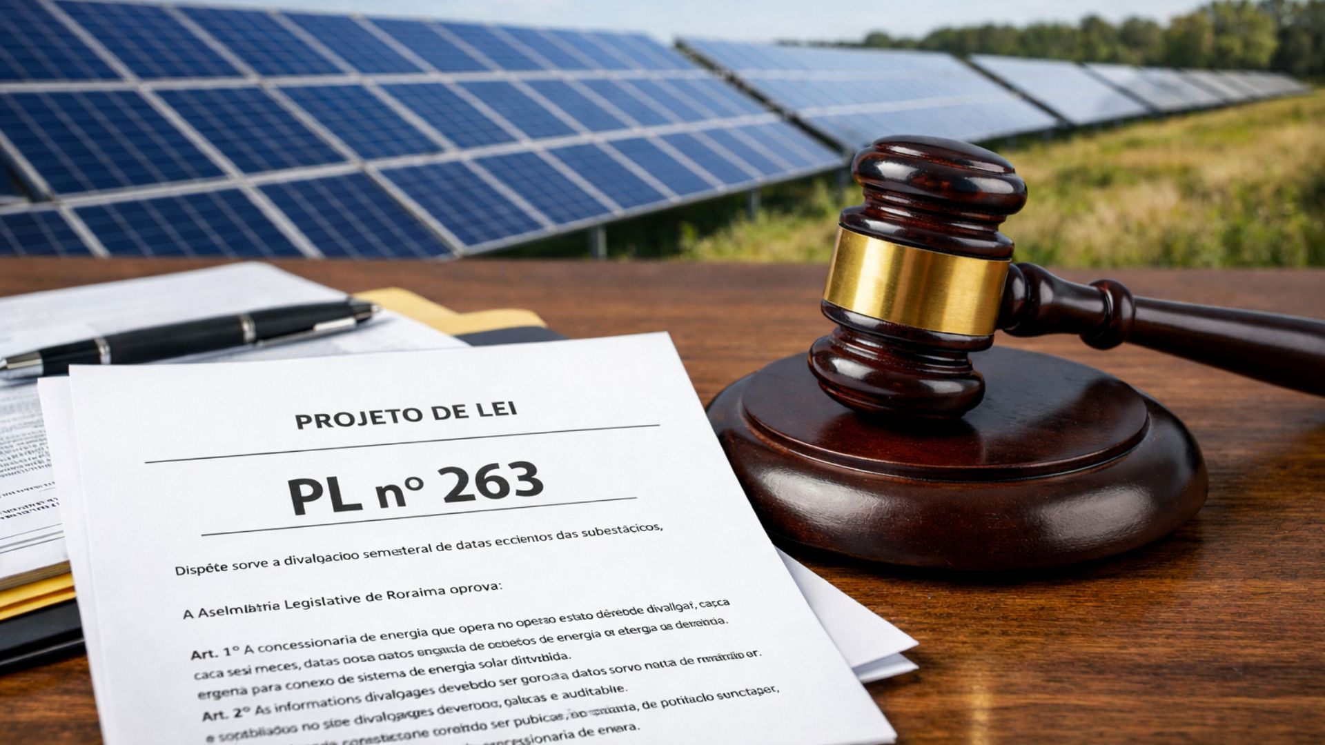 Documento do Projeto de Lei nº 263 sobre energia solar em destaque sobre mesa, com martelo do Judiciário ao lado e usina solar ao fundo em Roraima