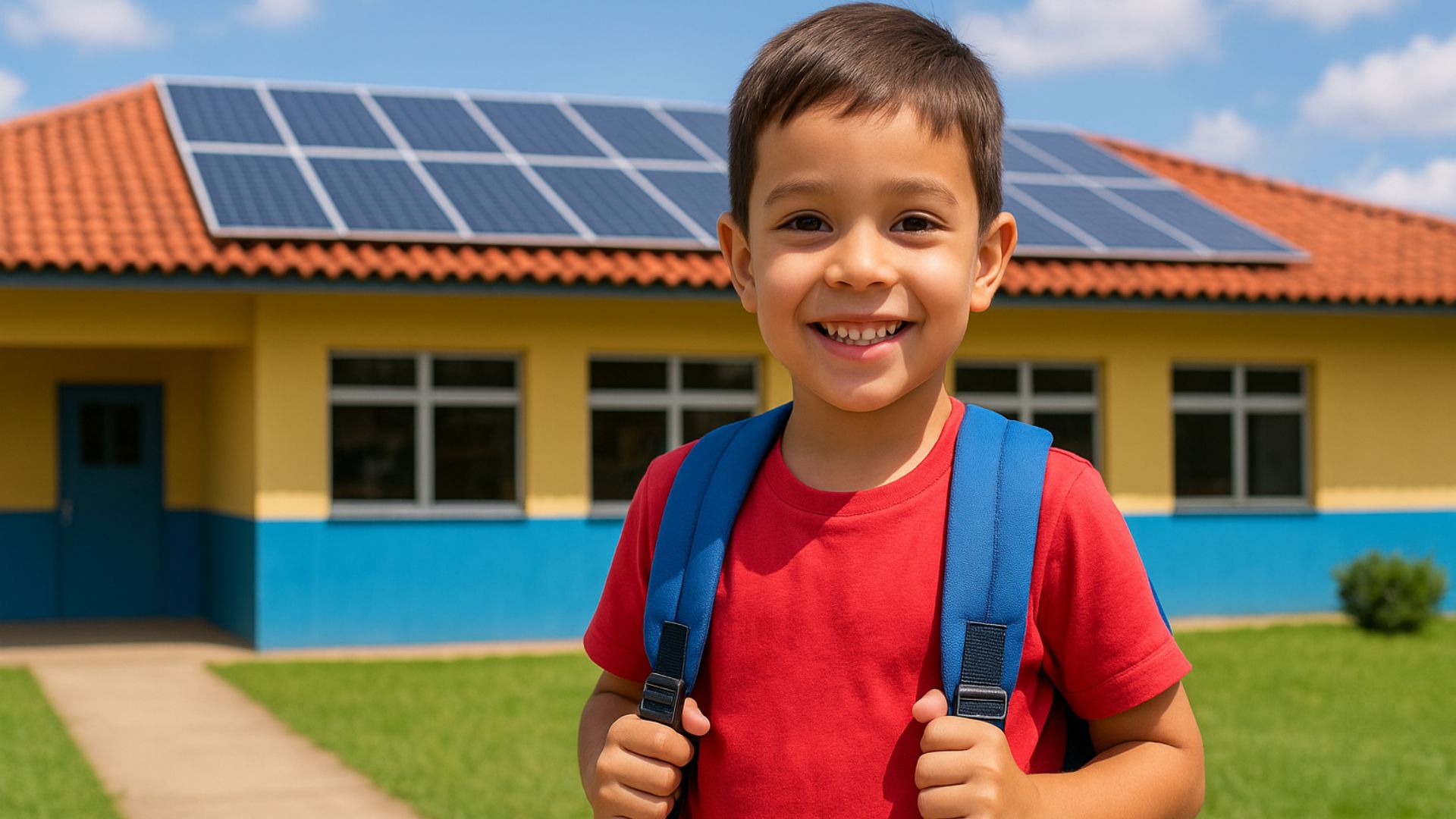Criança sorridente com mochila nas costas na frente de uma escola brasileira com painéis solares no telhado.