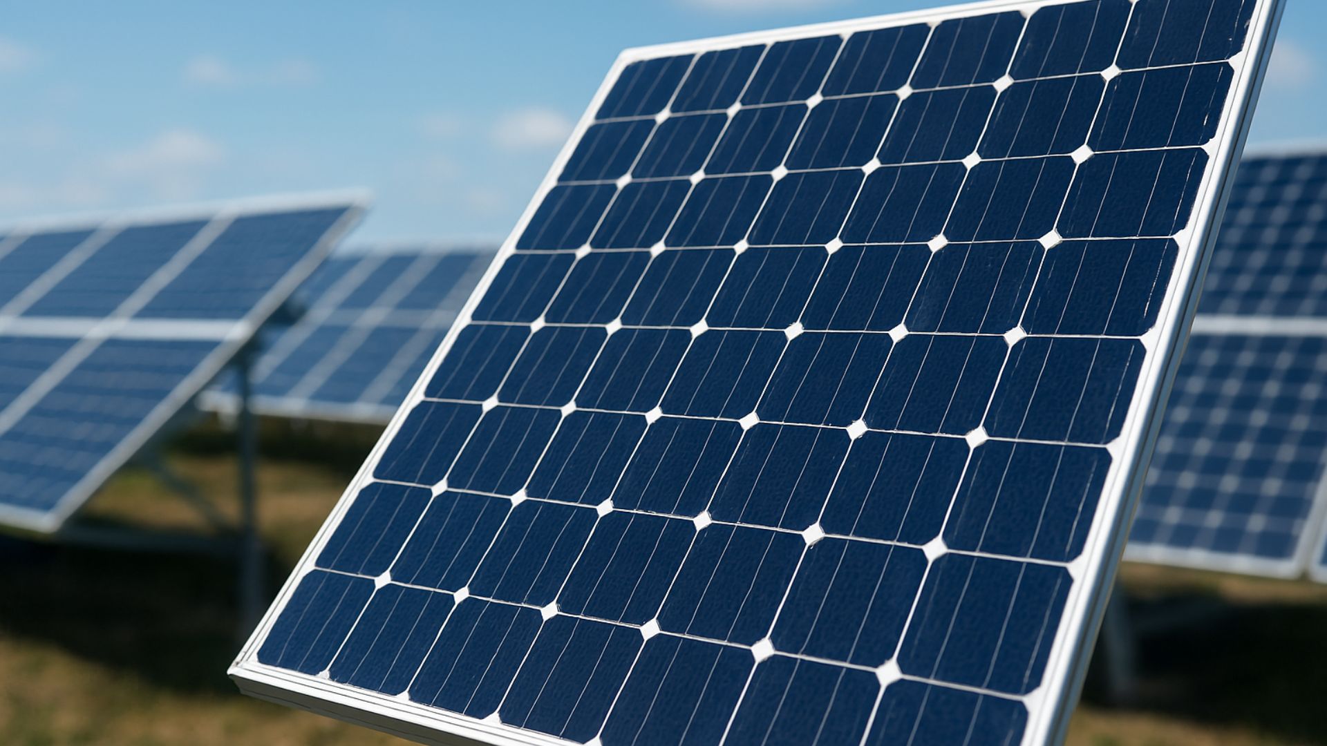 Painel solar em destaque com vários outros ao fundo, representando o avanço da energia solar na matriz elétrica brasileira.