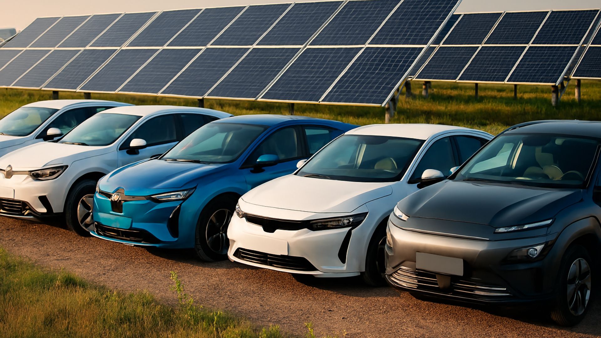 Fila de veículos elétricos estacionados em frente a painéis de energia solar, simbolizando mobilidade elétrica, energia renovável e a transição energética sustentável