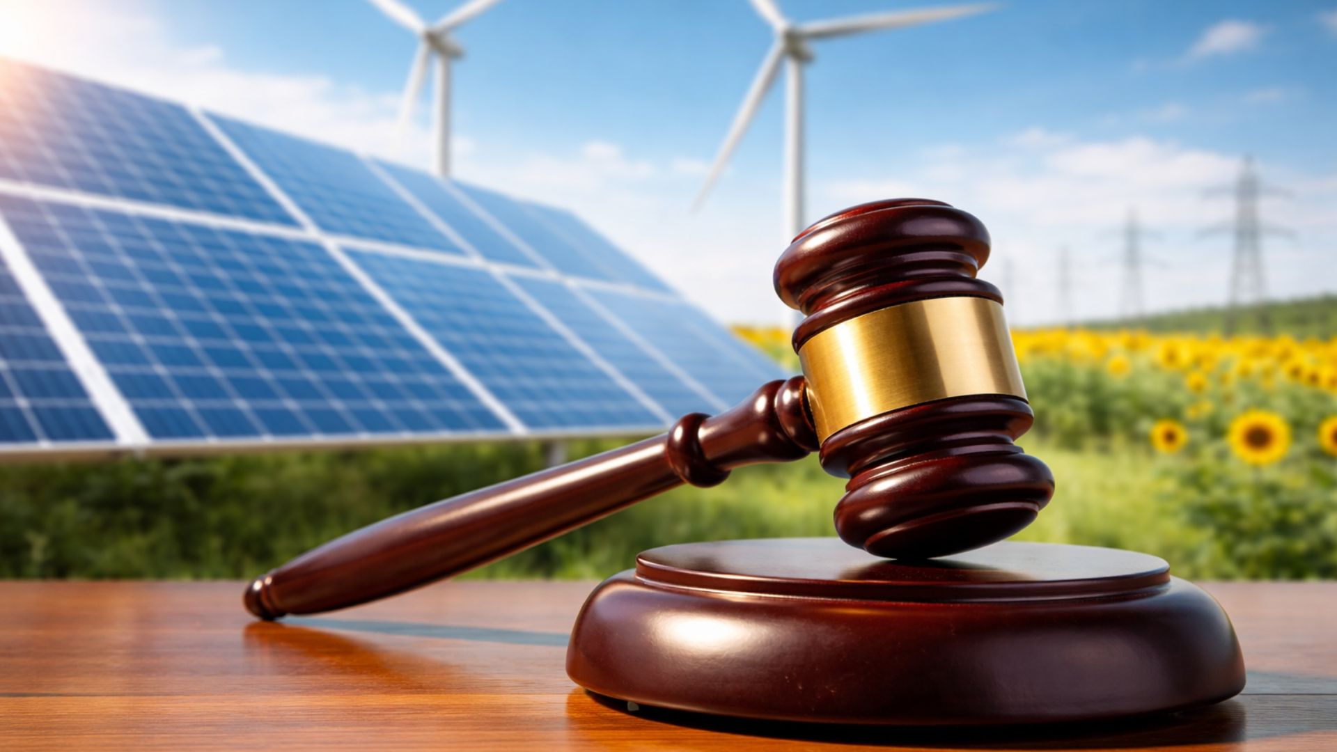 Martelo judicial em primeiro plano simbolizando nova lei, com painéis solares e turbinas eólicas ao fundo representando energia renovável e sustentabilidade no setor público.