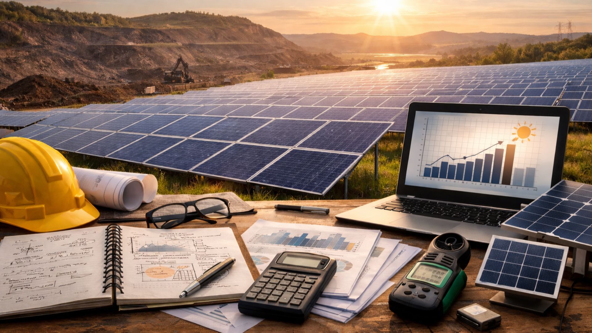 Painéis solares instalados em área degradada pela mineração, com mesa de estudos técnicos, notebook e equipamentos de engenharia ao pôr do sol, representando pesquisa acadêmica em energia solar.
