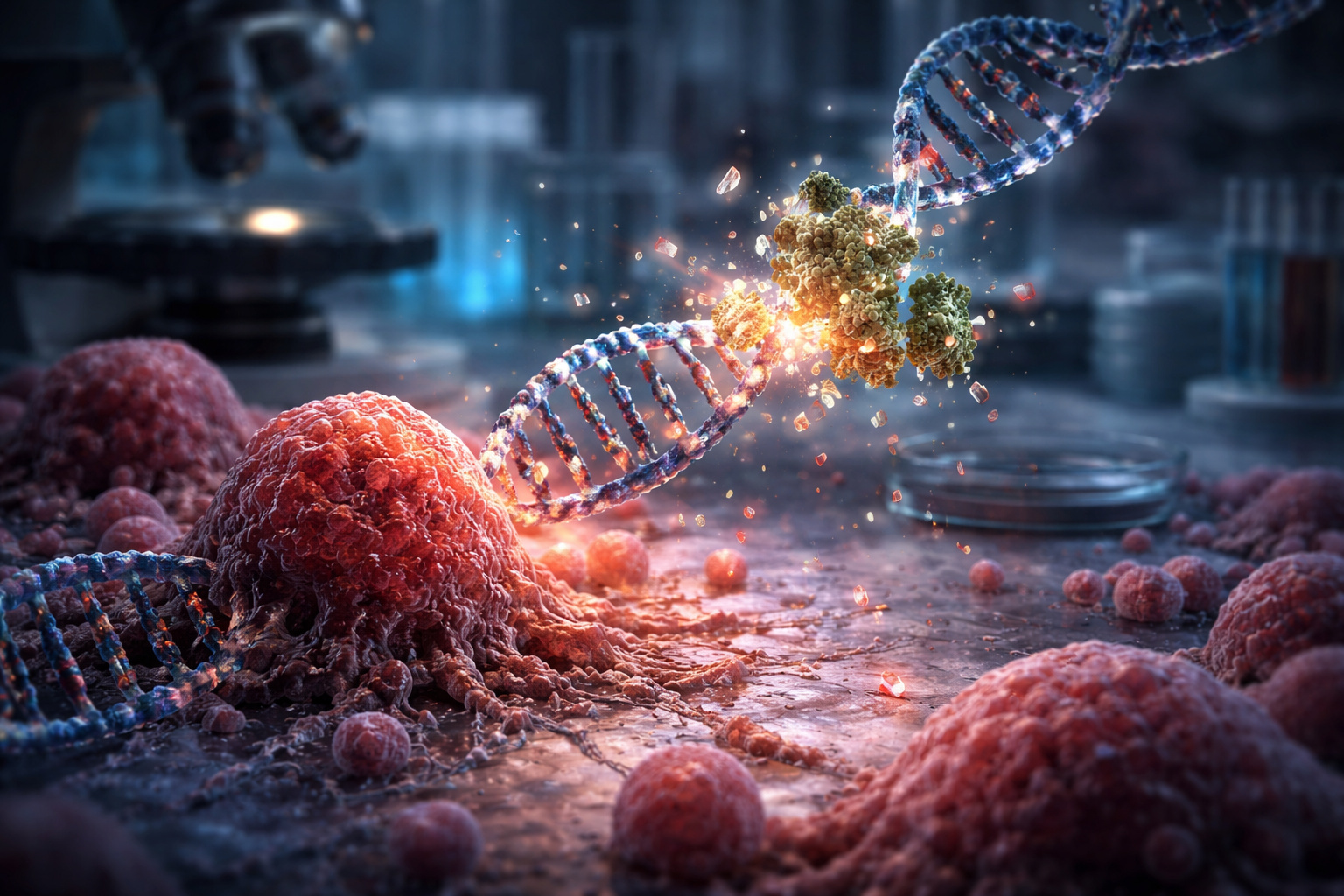 Ilustração científica ultra realista mostra fragmentação do DNA em células tumorais, com cromossomos quebrados e atividade enzimática associada à cromotripsia no câncer.
